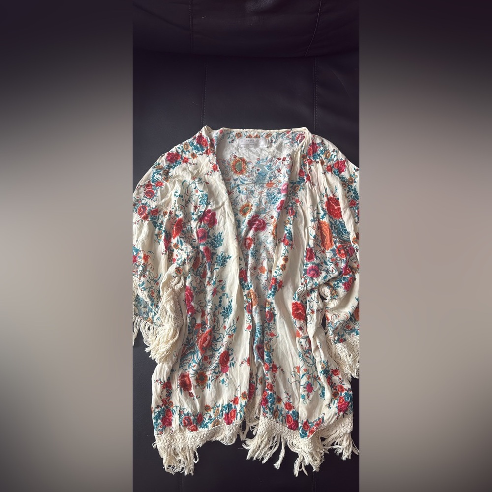 Zara Cream Floral Kimono with Red and Blue Accents